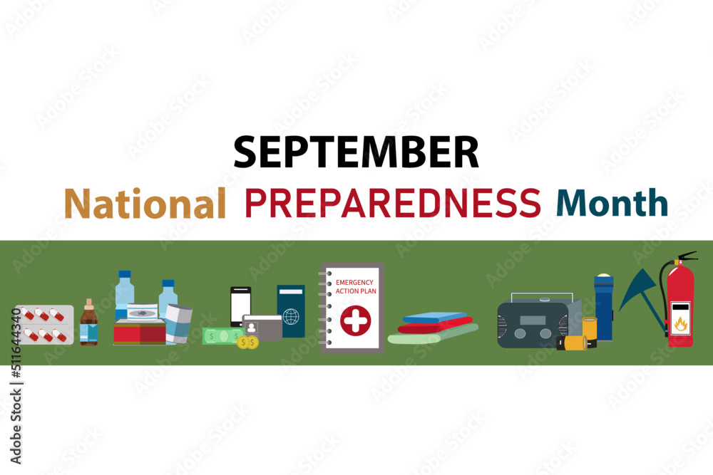 National Preparedness month (NPM), Vector illustration with emergency plan icons. copy space - obrazy, fototapety, plakaty 