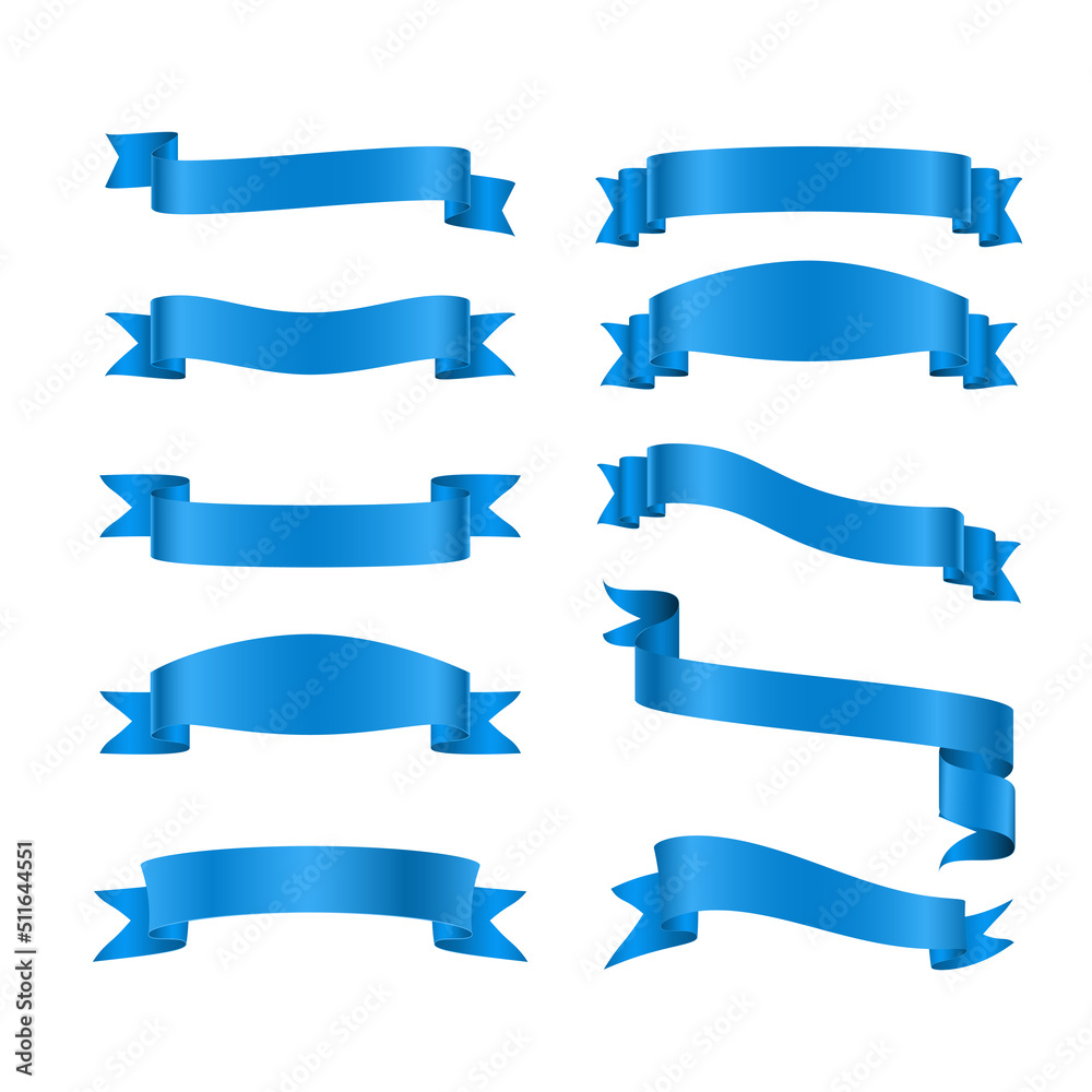 Set of ribbon banner realistic blue metallic