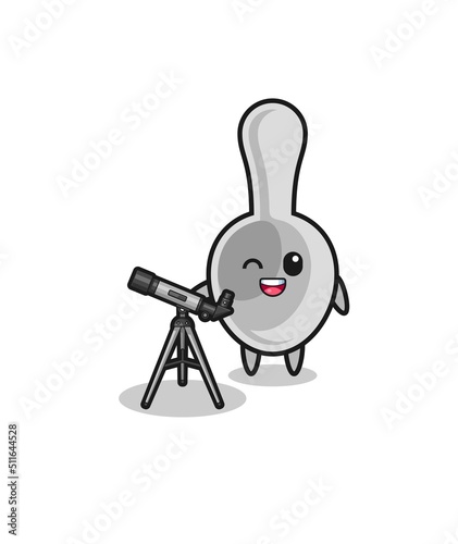 spoon astronomer mascot with a modern telescope