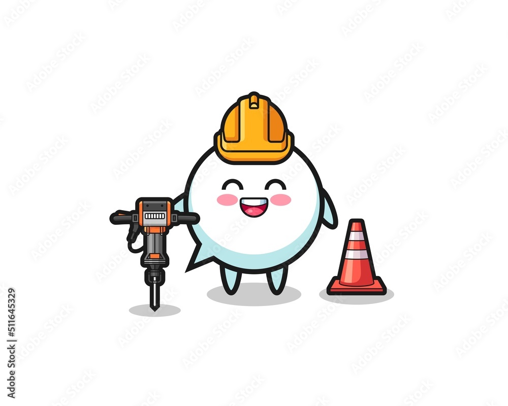 road worker mascot of speech bubble holding drill machine