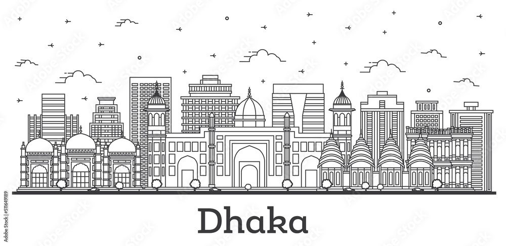 Outline Dhaka Bangladesh City Skyline with Historic Buildings Isolated on White.