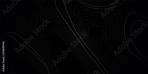 Dark Grey Topography Contour Map With Relief Elevation. Topographic line contour map background.  Concept map of a conditional geography scheme and the terrain. Geographic abstract grid.