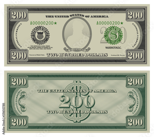 Vector two hundred dollars banknote. Gray obverse and green reverse fictional US paper money in style of vintage american cash. Frame with guilloche mesh and bank seals. Rutherford