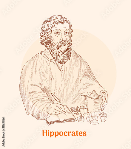 Hippocrates (460-370 BC) portrait in line art illustration.	 photo