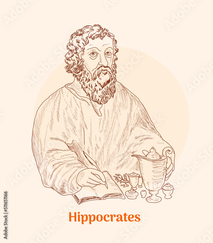 Hippocrates (460-370 BC) portrait in line art illustration.	