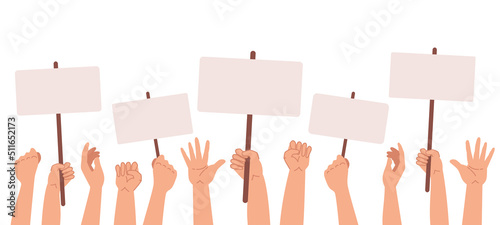 Protesters banners. Vector illustration. Concept of hands hold different banners. Peace protest poster and blank vote placards isolated on white background.