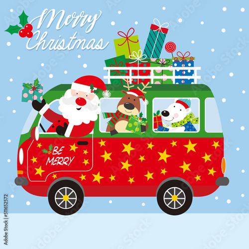 christmas card with santa claus, reindeer and bear in the car