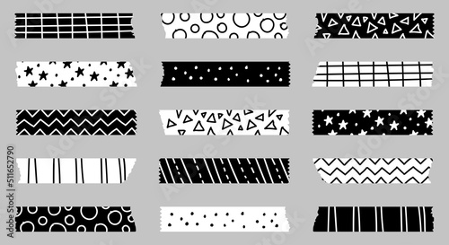 Set of black and white geometric patterns decorative tape mini washi sticker decoration. Collection of patterned washi tape strips and pieces of duct paper. Vector illustration