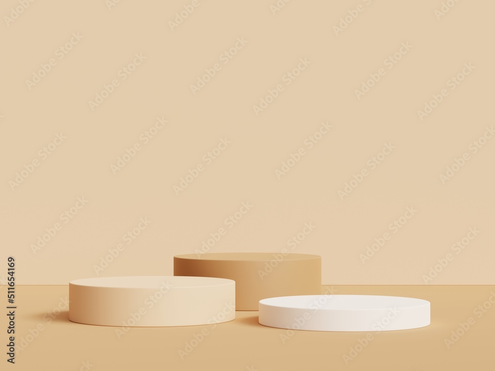 3D rendering of geometric podium, exhibition stand, product display on beige background. Earth tone. Minimal.
