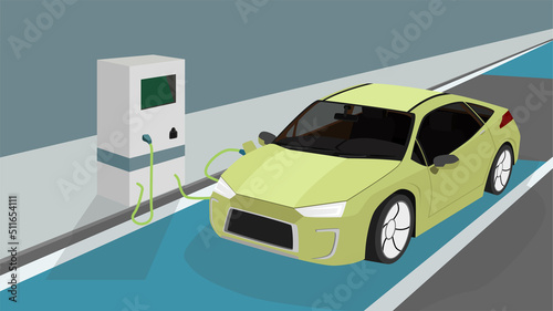 Electric Vehicle sport car charging parking at the charger station with a plug in cable.  Charging in the beside of car to battery. Near asphalt road. Can view interior on the car.