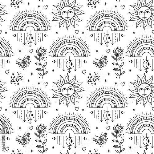 Magic boho symbols seamless pattern. Backdrop of gypsy sacred elements and sign in modern boho style. Minimal line art. Sun, rainbow, butterflies