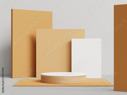 3D rendering of geometric podium  exhibition stand  product display on beige background. Earth tone. Minimal.