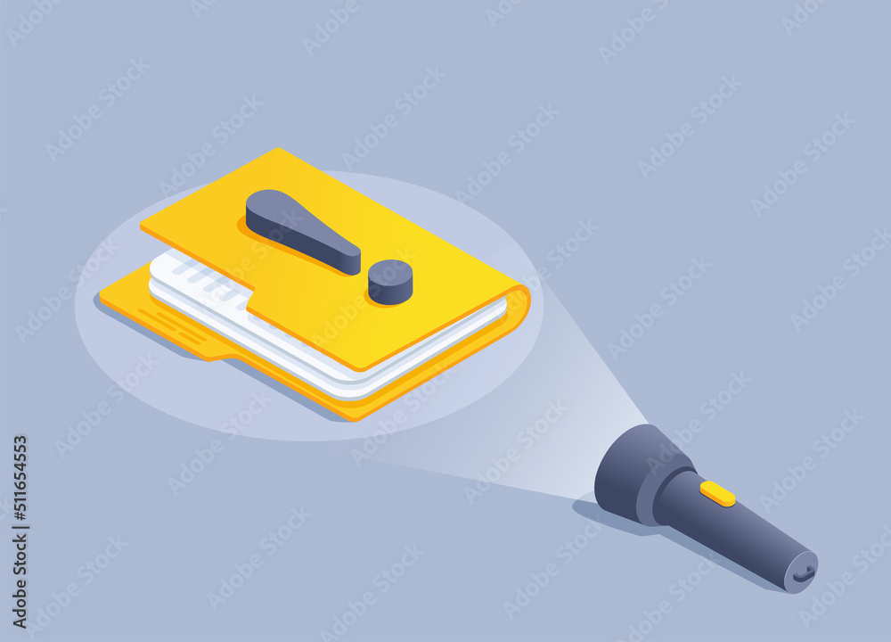 isometric vector illustration on a gray background, a flashlight shines on a lying folder with documents and an exclamation icon, searching for important information isometric vector illustration on a gray background, a flashlight shines on a lying folder with documents and an exclamation icon, searching for important information