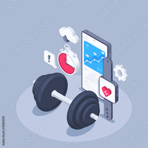 isometric vector illustration on gray background, dumbbell next to smartphone and smart watch, stopwatch and fitness app on screen