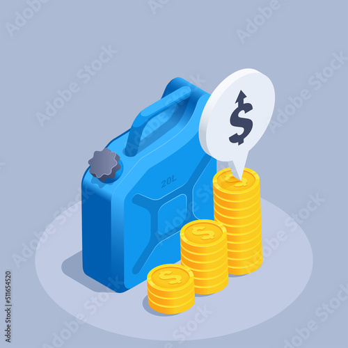 isometric vector illustration on gray background, blue canister and chart of golden coins with text bubble and dollar icon, rising fuel prices