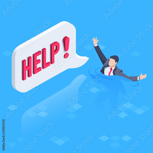 Fototapeta Naklejka Na Ścianę i Meble -  isometric vector illustration on a blue background, a man in a business suit in the water asking for help, a text bubble with the word help, request or shout