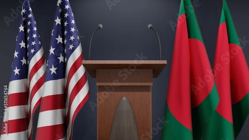 Fototapeta Naklejka Na Ścianę i Meble -  Flags of USA and Bangladesh at international meeting or negotiations press conference. Podium speaker tribune with flags and coat arms. 3d rendering