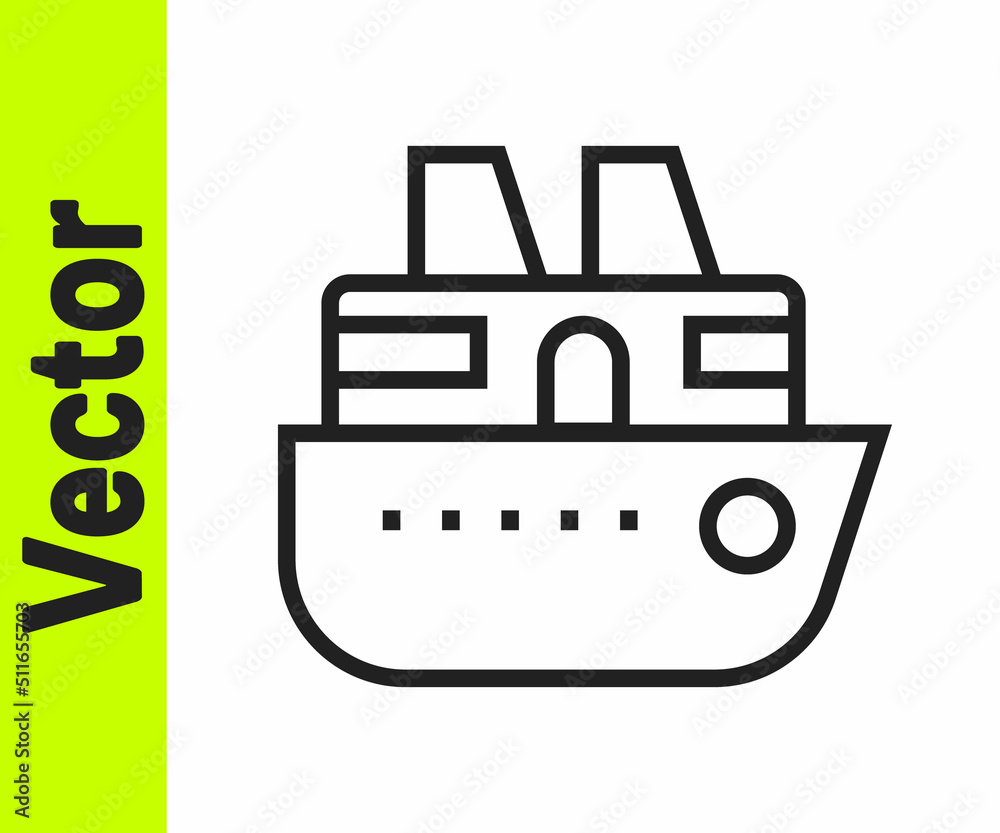 Black line Cruise ship icon isolated on white background. Travel tourism nautical transport. Voyage passenger ship, cruise liner. Worldwide cruise. Vector Black line Cruise ship icon isolated on white background. Travel tourism nautical transport. Voyage passenger ship, cruise liner. Worldwide cruise. Vector