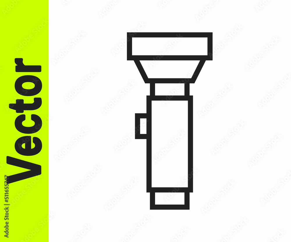 Naklejka premium Black line Flashlight icon isolated on white background. Vector