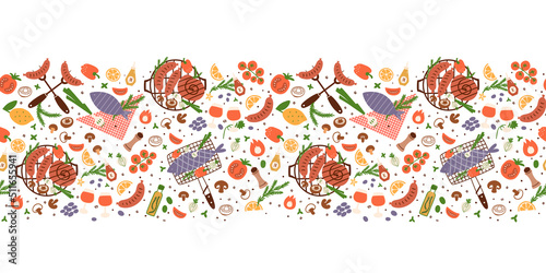 BBQ party seamless border. Summer picnic party food. Outdoor picnic party seamless banner with barbecue grill, roasted sausages, tomatoes, vegetables, grilled fish, tomatoes. Vector illustration.