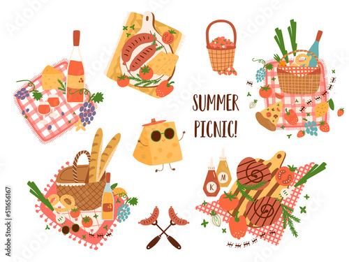 Picnic basket set. Picnic food illustration. Barbeque grilled sausages, wine, cheese, tomatoes. Outdoor summer picnic food graphic elements. Picnic food isolated on white. Vector illustration cartoon