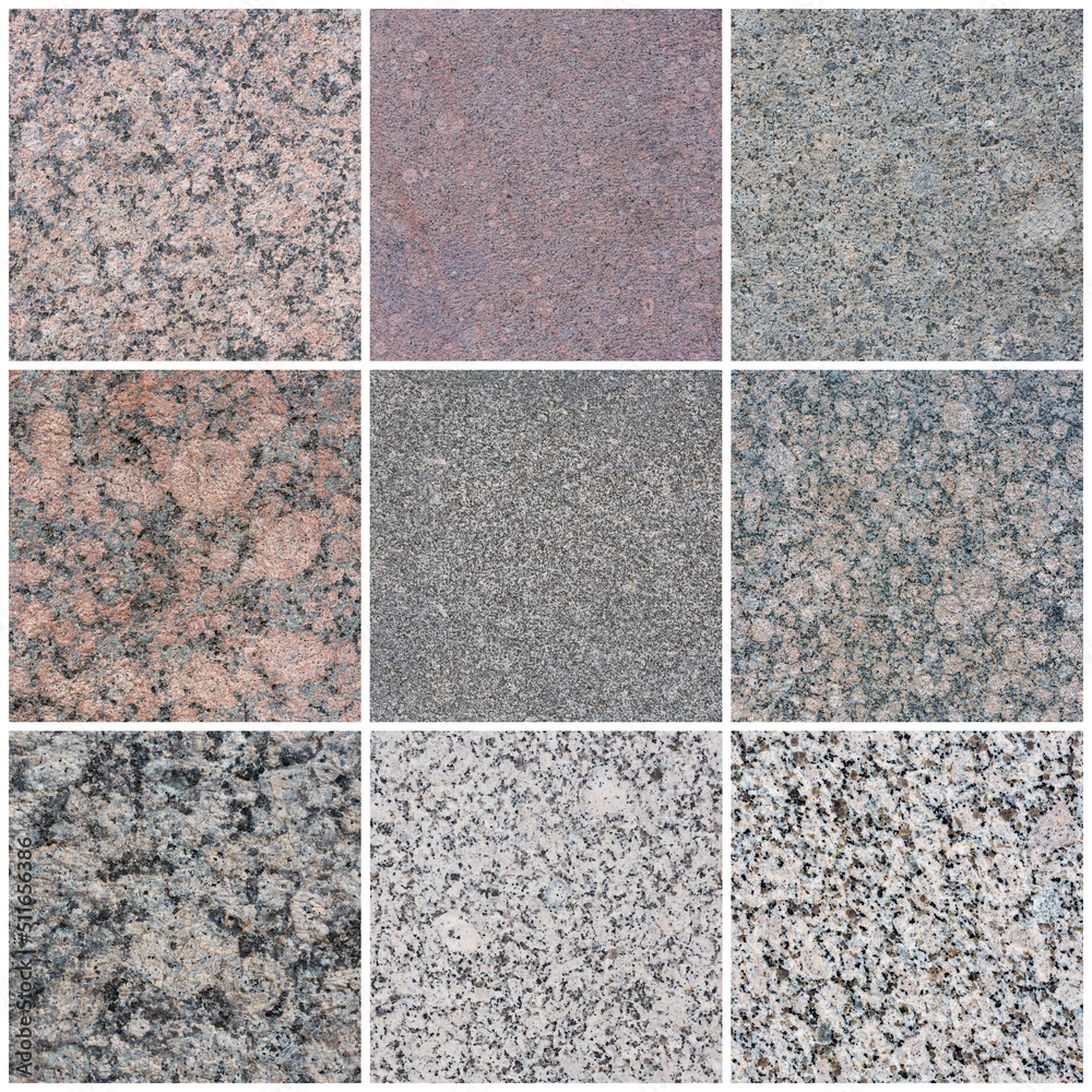 Fototapeta premium Granite texture set. Collection of stone backgrounds. Natural granite with a grainy pattern. Solid rough surface of rock.