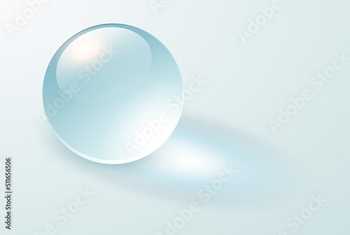 Background with glass transparent sphere, light blue ball with shadows, 3D vector illustration.
