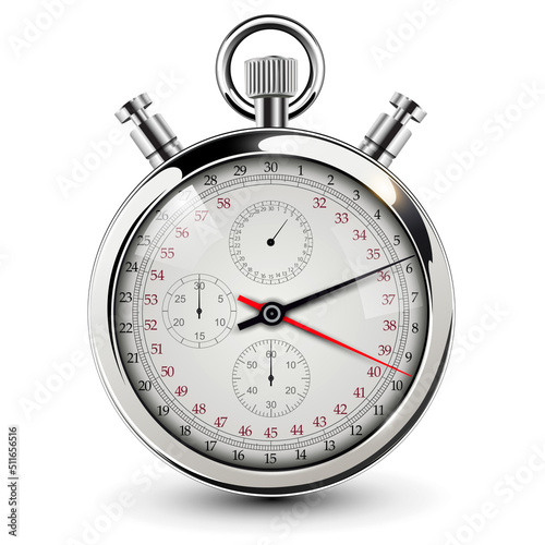 Stopwatch 3D icon, realistic classic silver stop watch, vintage 3D vector illustration.
