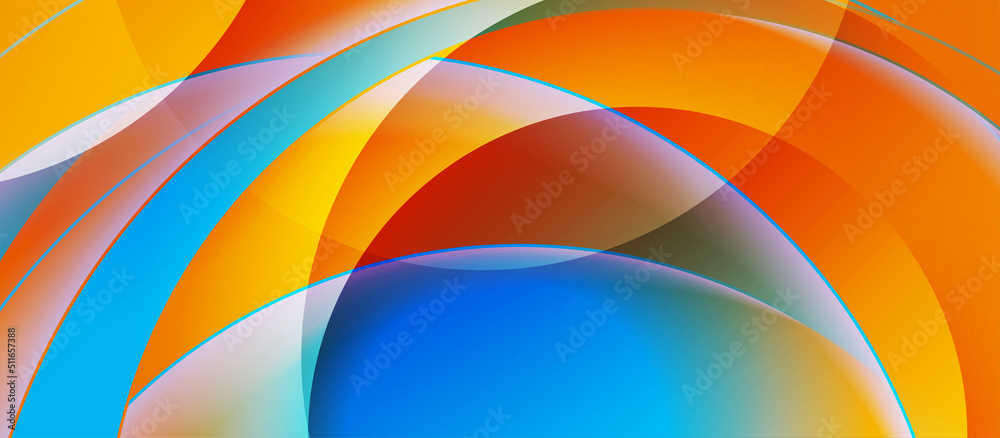 Blue orange geometric tech background with glossy wavy shapes. Vector design