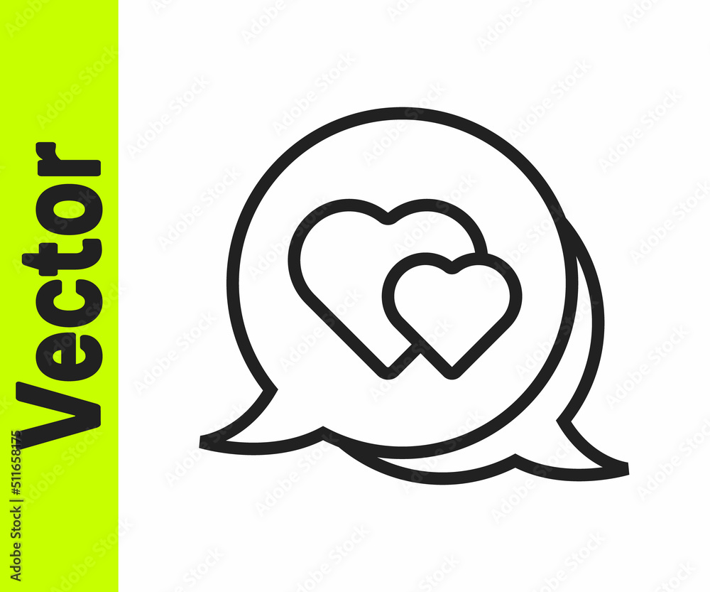 Black line Heart in speech bubble icon isolated on white background. Happy Valentines day. Vector
