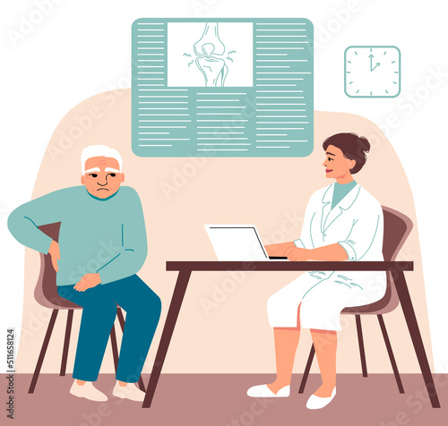 Doctor with patient, elderly man in modern clinic. Pain in joints. Consultation of orthopedist. Diagnosis of the disease. Vector illustration