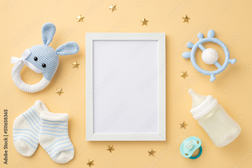 Baby accessories concept. Top view photo of photo frame knitted bunny ...