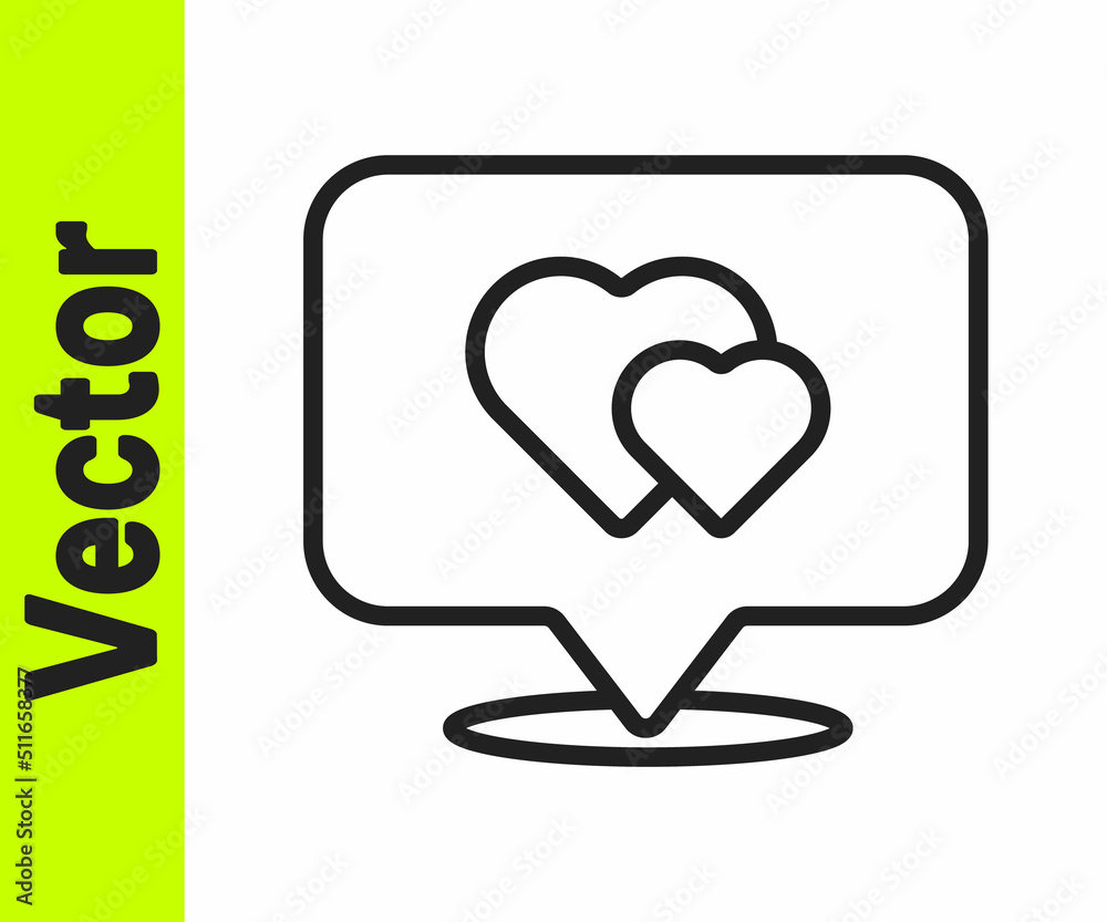 Black line Map pointer with heart icon isolated on white background. Valentines day. Love location. Romantic map pin. Vector Black line Map pointer with heart icon isolated on white background. Valentines day. Love location. Romantic map pin. Vector