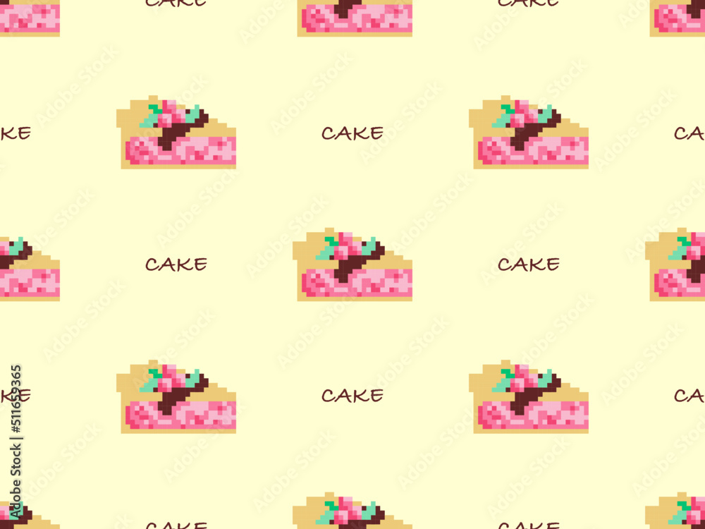 Cake cartoon character seamless pattern on yellow background. Pixel style