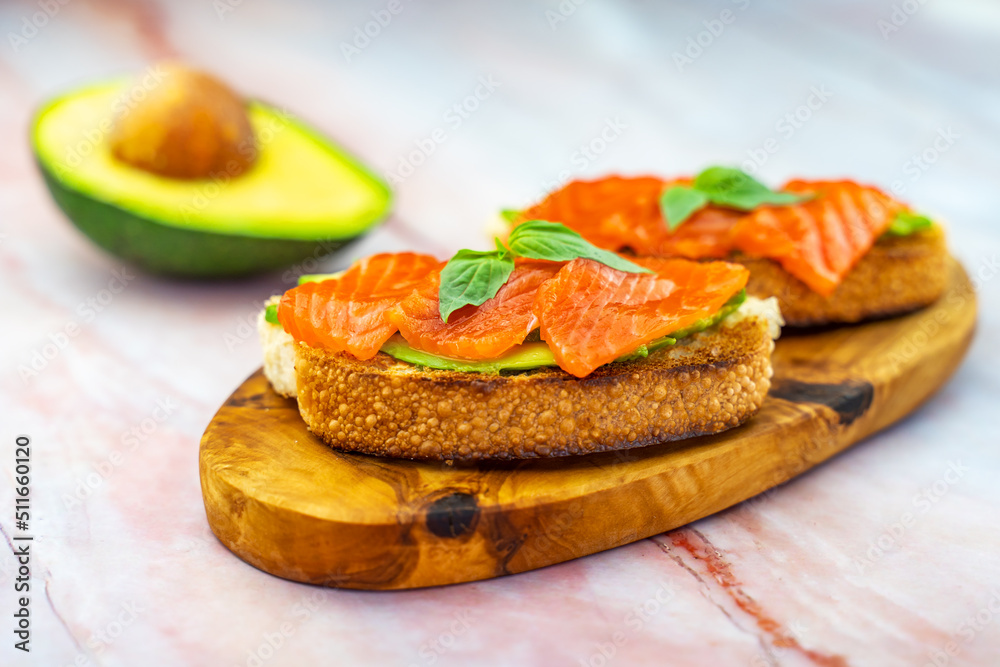 Toast with salmon and avocado.