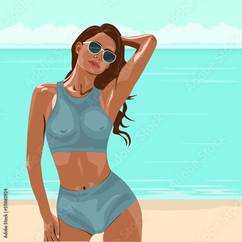 Beautiful woman posing on the sea beach, tanned sexy girl in a swimsuit, flat design, vector illustration.