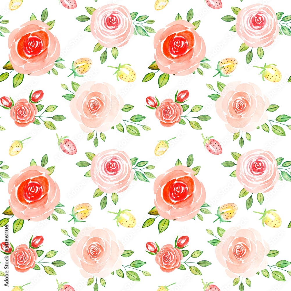 Seamless pattern with hand-drawn watercolor red roses and wild strawberries