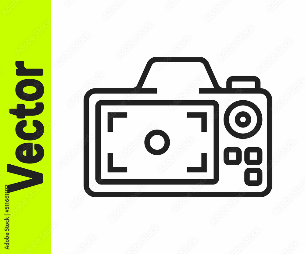 Black line Photo camera icon isolated on white background. Foto camera. Digital photography. Vector Black line Photo camera icon isolated on white background. Foto camera. Digital photography. Vector