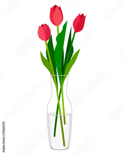 Vector image of a tulip in a glass vase in a flat style, isolated on a white background. Flowers on March 8. Holidays photo