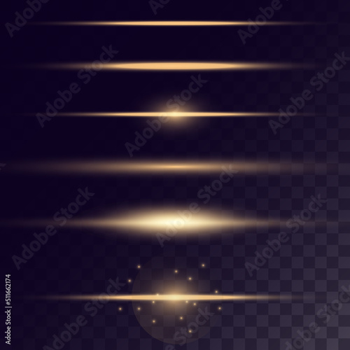 A set of golden horizontal neon lines and rays with glitter and dust on a transparent background. Laser beams  horizontal light beams.