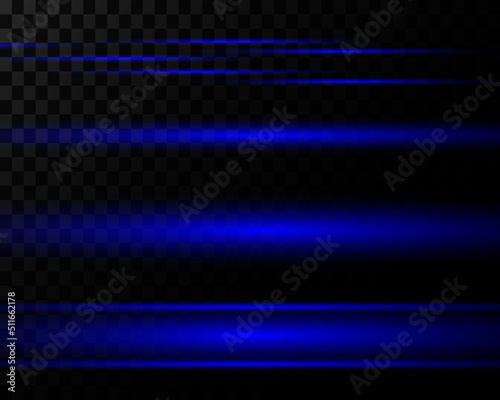 Set of blue horizontal lines, rays on a transparent background. Laser beams, light beams. Vector illustration