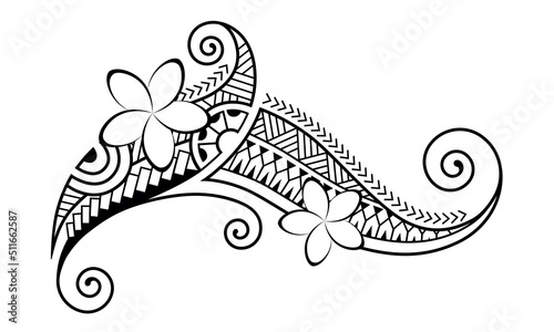 Maori style tattoo. Ethnic decorative oriental ornament with Frangipani Plumeria flowers. Coloring book page.