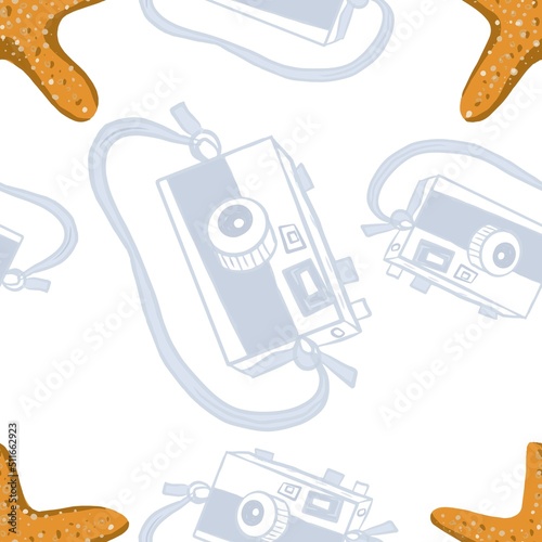 Starfish animals wild nautical sea ocean nature camera vacation photo gray hand drawn sketch cartoon children separately on white