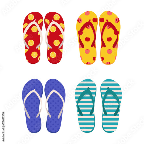 Pair of beach slippers. Collection of fashion flip flops. Flat vector illustration