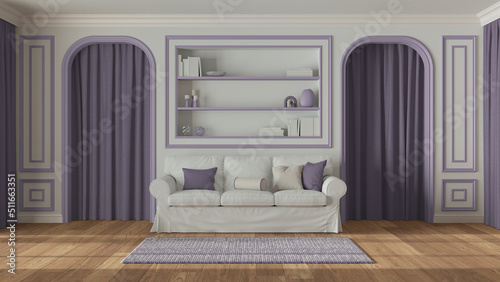 Neoclassic living room, molded walls with bookshelf. Arched doors with curtains and parquet floor. White and purple pastel tones, contemporary sofa and carpet. Classic interior design © ArchiVIZ