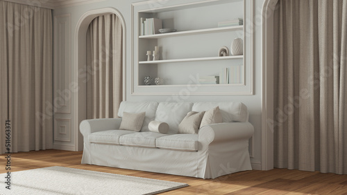 Classic living room, molded walls with bookshelf. Arched doors with curtains and parquet floor. White and beige tones, modern sofa and carpet. Contemporary interior design © ArchiVIZ