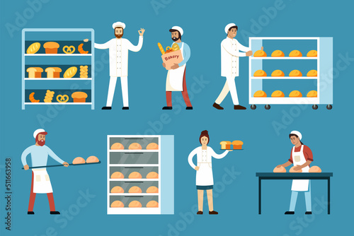 bake bread. chef preparing bakery food. Vector cartoon characters in baking production