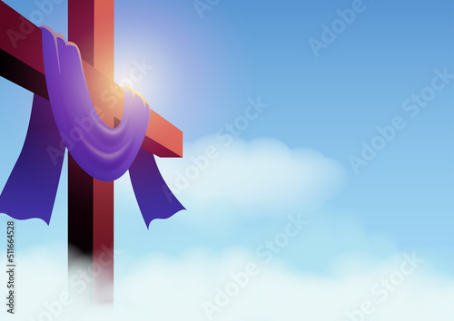 Vector illustration of a cross with purple sash on cloudscape