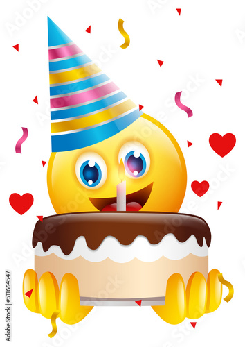 Emoticon face wears birthday hat holding a cake