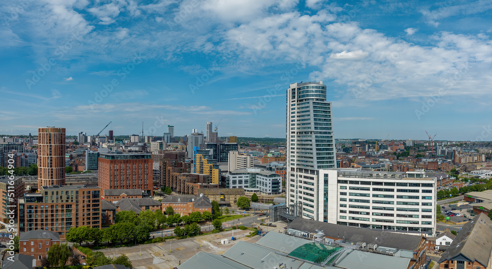 Naklejka premium Leeds, West Yorkshire, University City in the united kingdom. Aerial view of the city centre, developments, Bridgwater place, retail, leisure, housing and business 